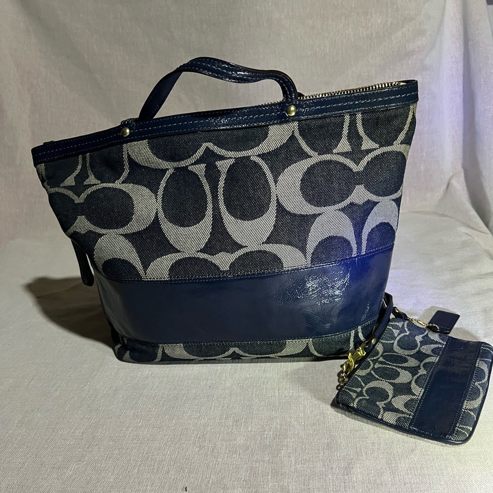 Coach Denim Signature Strip Medium Tote Shoulder Bag & Wallet Set